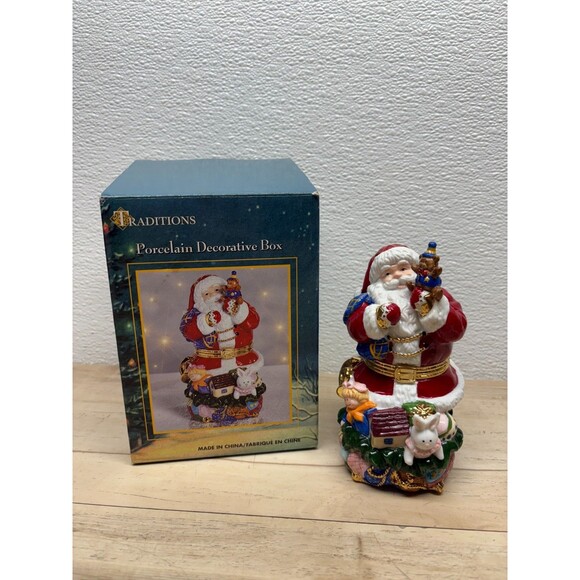 Traditions Porcelain Hand Painted Trinket Box Santa With Toys - Picture 2 of 15